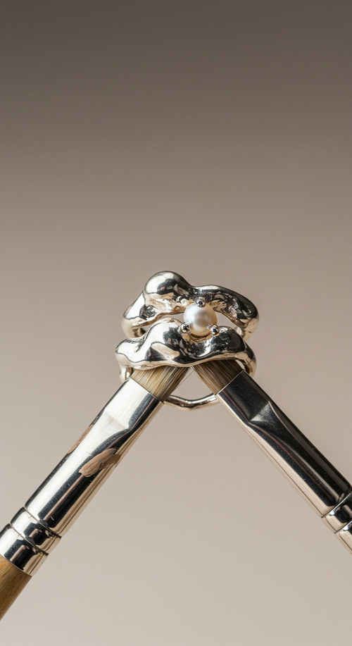 Anillo dúo de plata artesanal con diseño orgánico y perla central de AMARYLLIS ANGLE