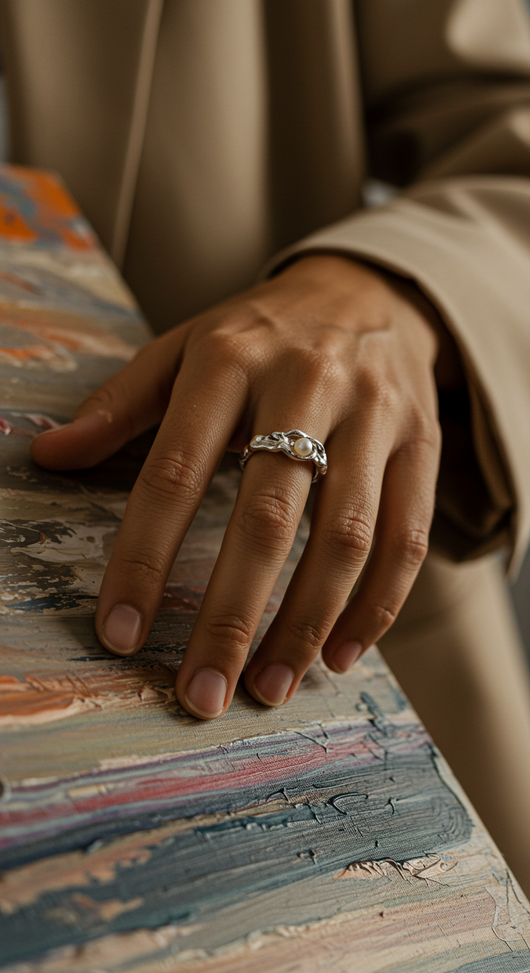 Anillo dúo diseño orgánico de AMARYLLIS ANGLE en mano sobre superficie pintada